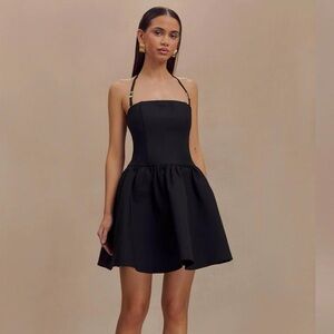 Meshki Black Pleated Halter Mini Dress